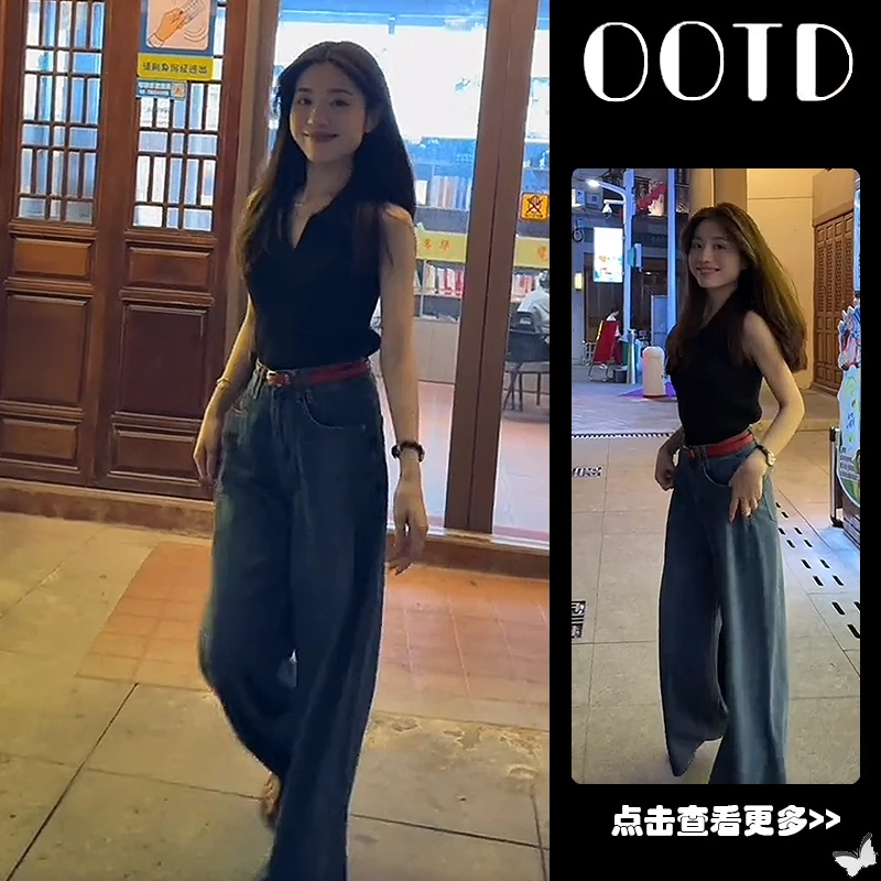 夏季流行穿搭一整套女2025新款韩版翻领无袖上衣百搭牛仔裤两件套