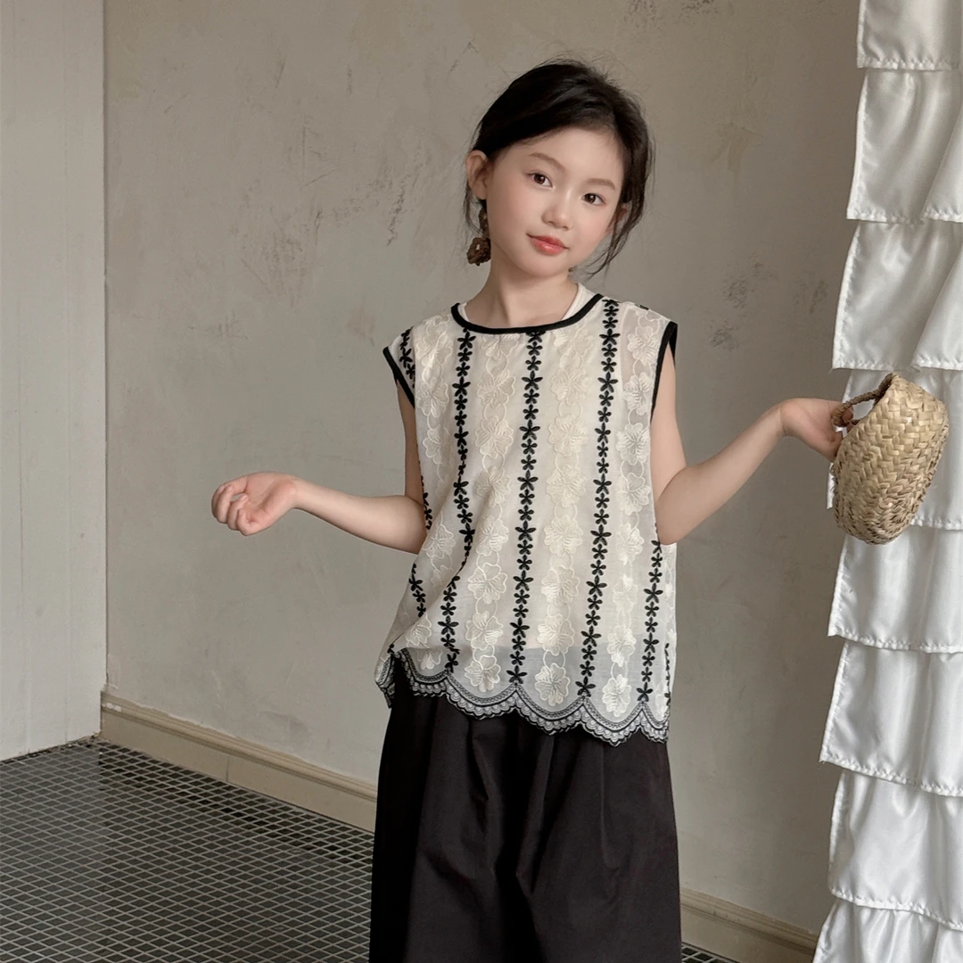 馨爸专属-71900-TBB童装女童上衣2025夏季新款韩版儿童无袖绣花边