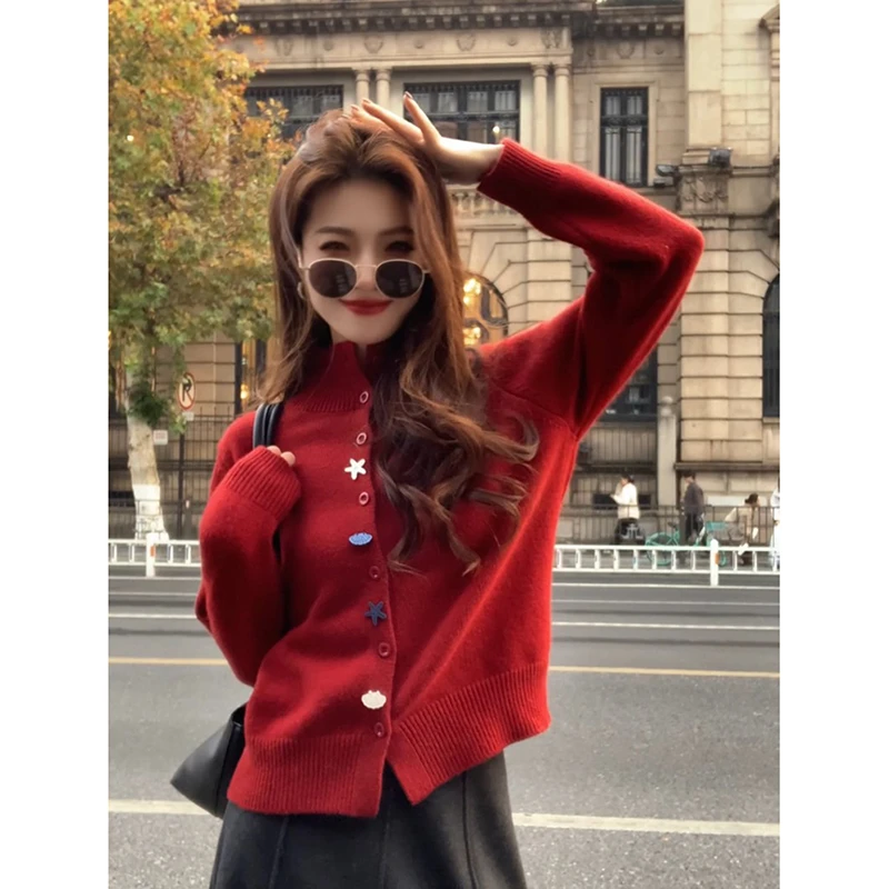 法式半高领红色毛衣开衫外套女秋冬2025新款爆款内搭打底针织上衣