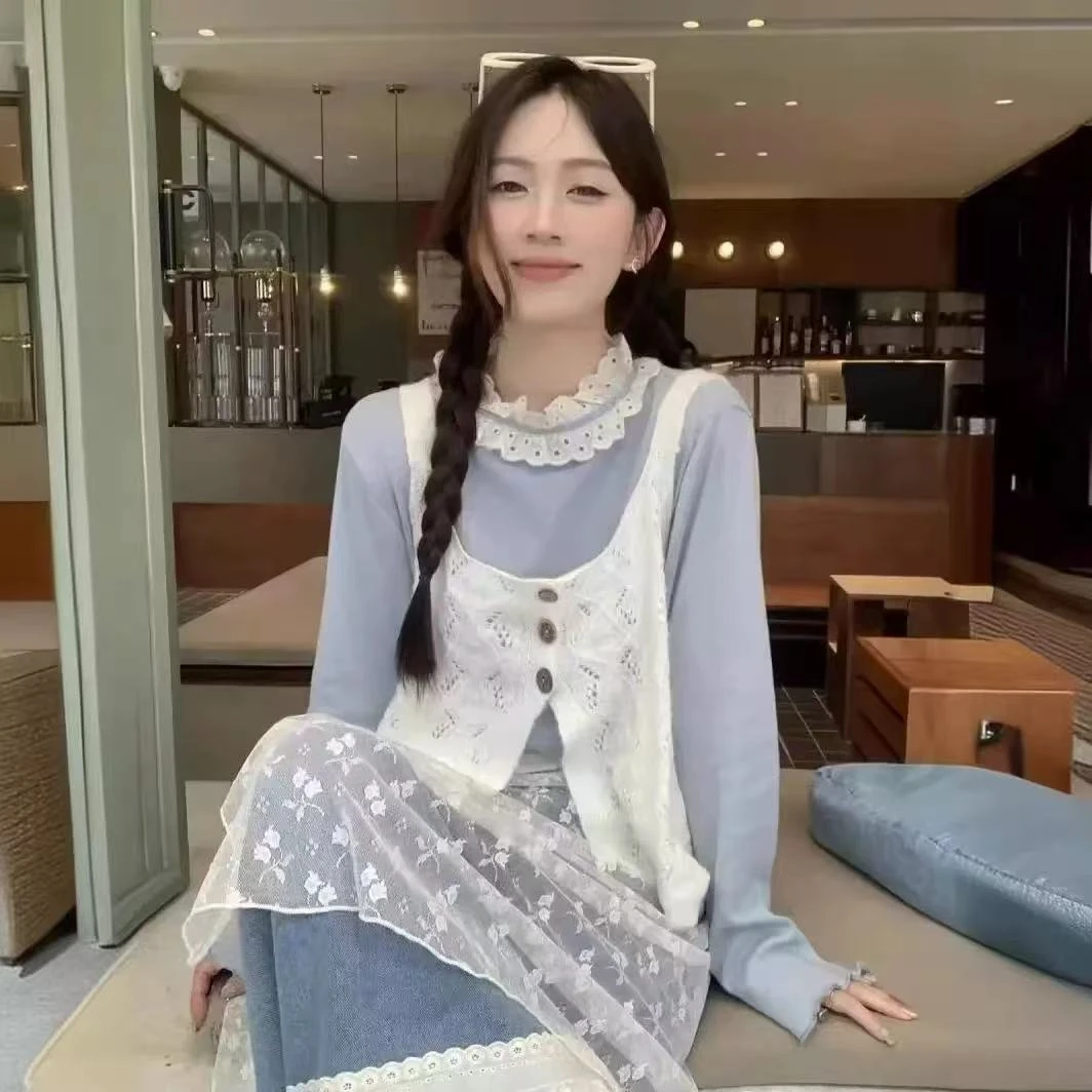 奶系穿搭套装女2025新款温柔风花边长袖打底衫上衣针织吊带