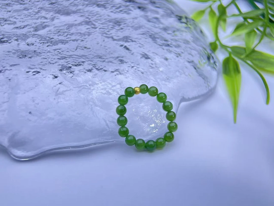 玉笙珠宝-【逢春】-YS808-天然和田玉足金碧玉小米珠戒圈