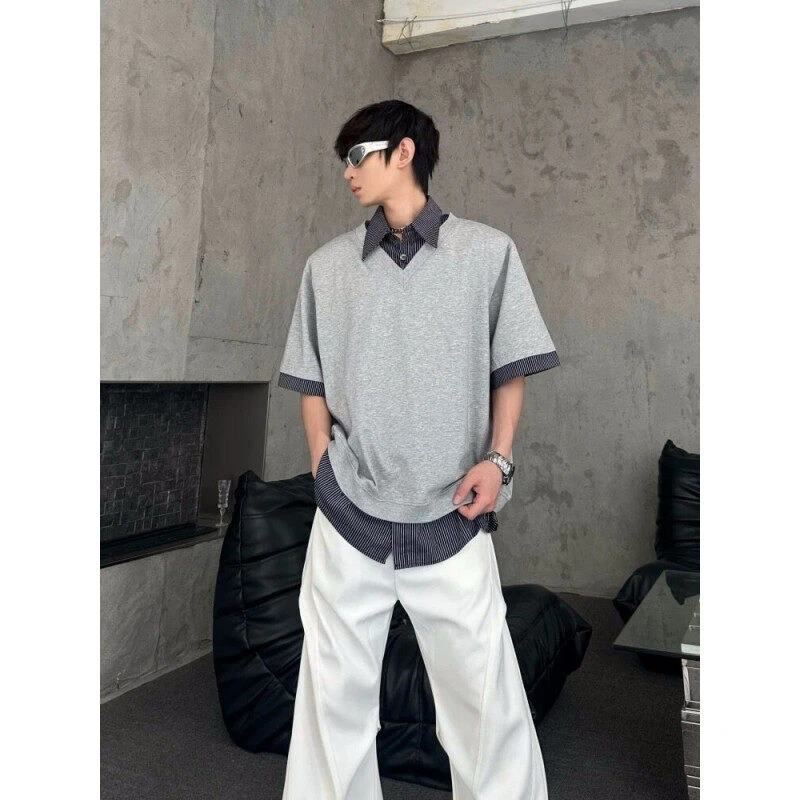 假两件polo领拼接重磅短袖t恤男夏季美式高街潮牌痞帅宽松五分袖