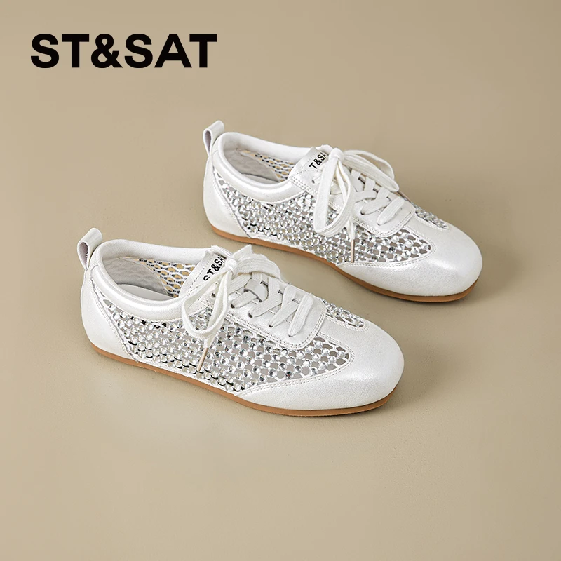 星期六镂空银色德训鞋女士2025新款夏季小白鞋透气网孔小个子板鞋