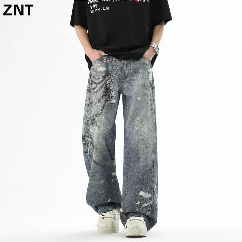 ZNT原创设计新款港风复古破洞牛仔裤男士潮牌高街阔腿直筒长裤