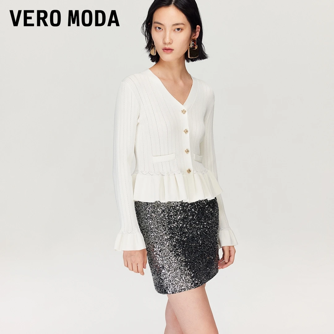 Vero Moda针织衫【鎏金盛宴】竖坑条V领荷叶袖流光风洋气显瘦