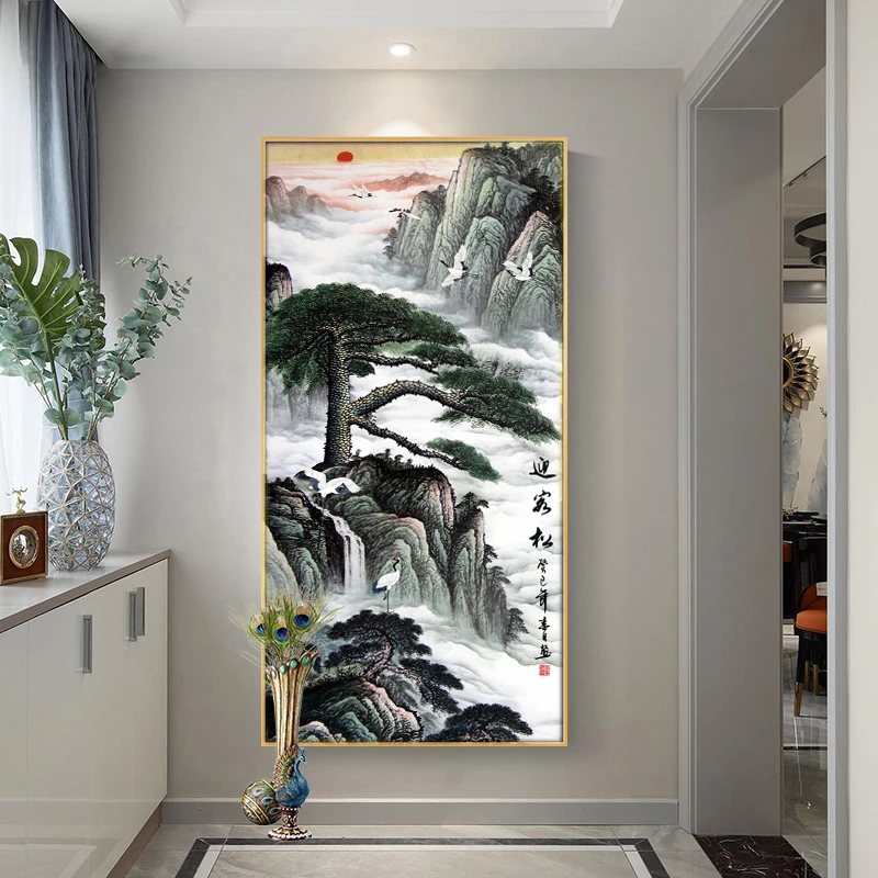 新款竖版玄关风景画迎客松满钻全贴魔方圆钻石画卧室客厅手工贴钻