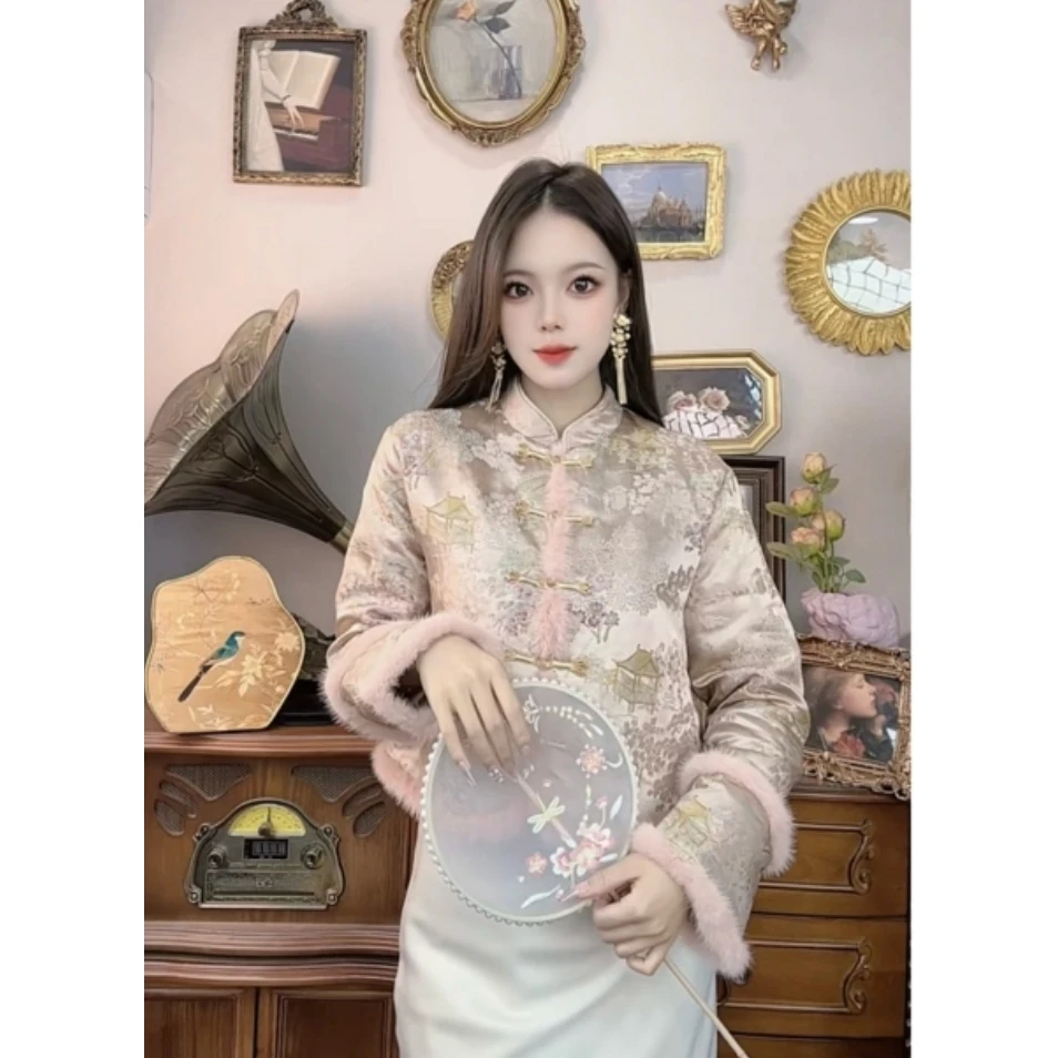 【795】2025秋冬新款新中式国复古百搭拼接毛边高端印花国风上衣女