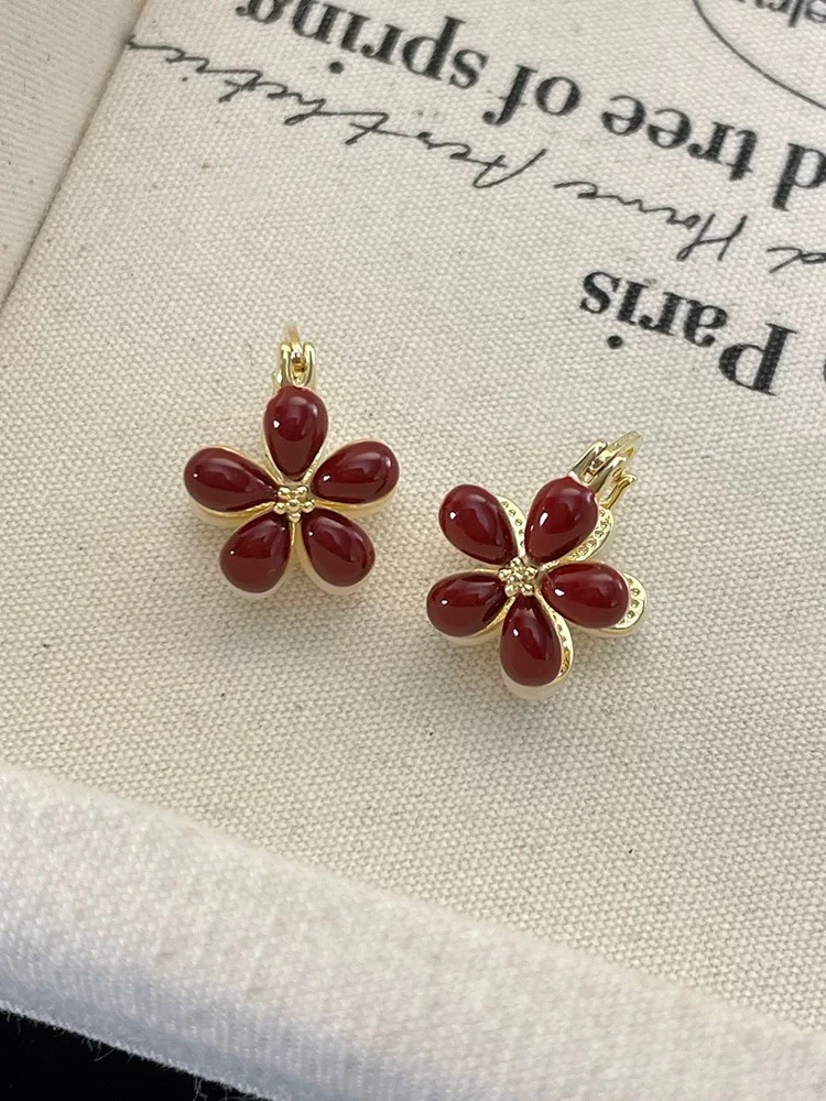 铜合金耳饰 法式复古红色双面花朵耳扣女轻奢小众气质耳环925银饰