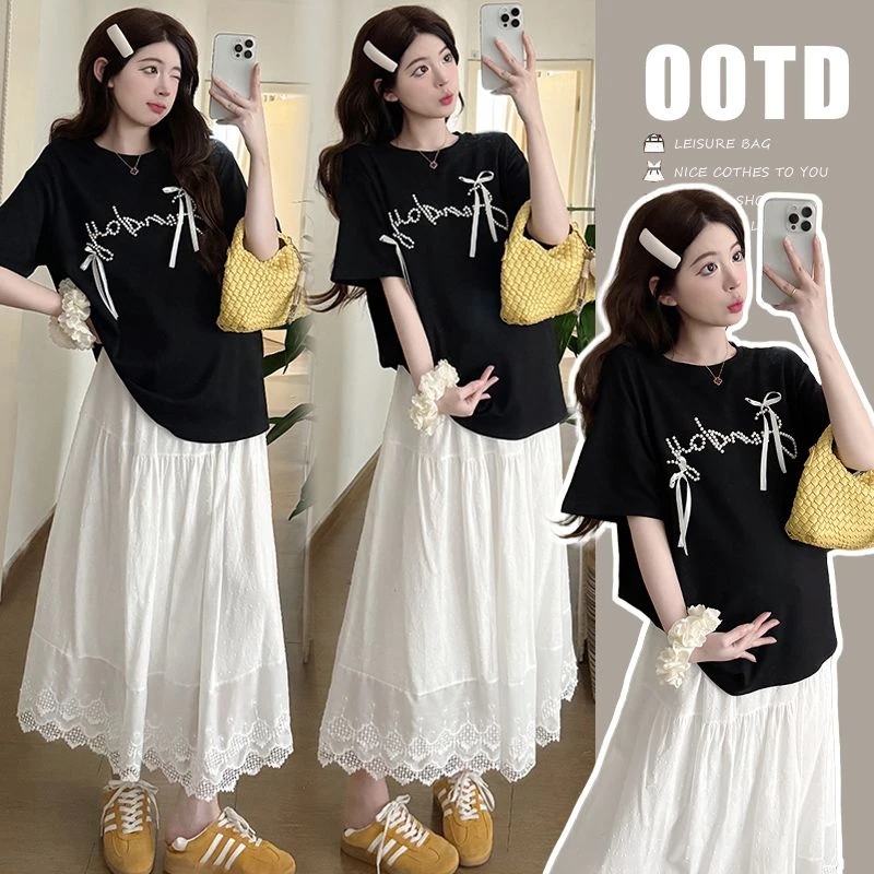 【晚媛若】2025夏季新品孕妇韩版宽松纯棉短袖T恤猪鼻扣调节半身裙