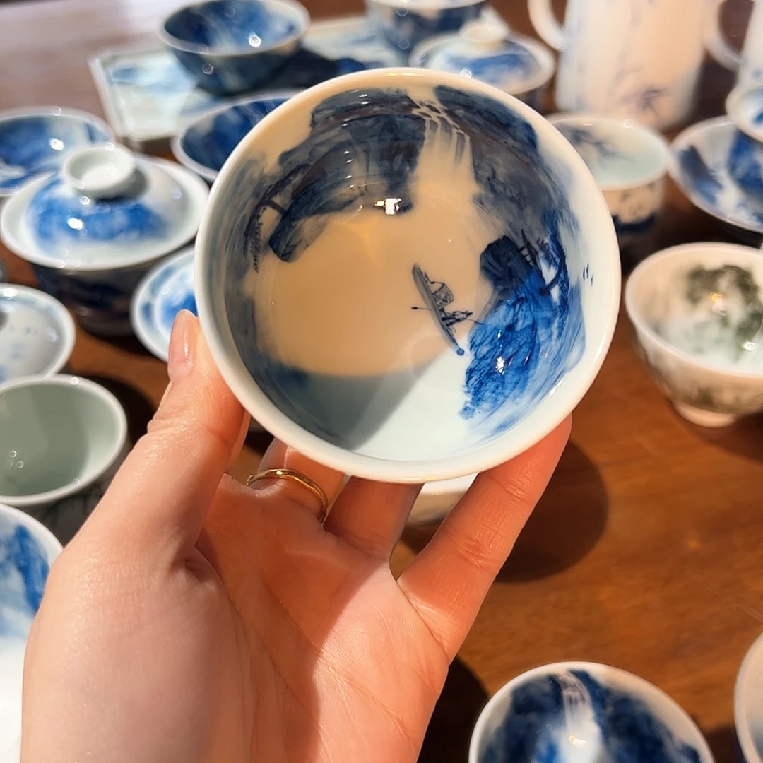 杯?*雅青花手绘山水主人杯