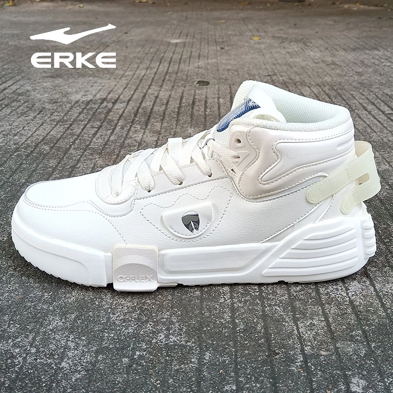 erke/鸿星尔克高帮板鞋联名奇弹男子白色学生百搭秋冬透气休闲鞋