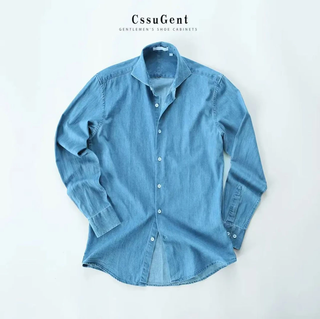 高定意式复古水洗牛仔衬衫男温莎领商务通勤男士绅士优雅长袖衬衣
