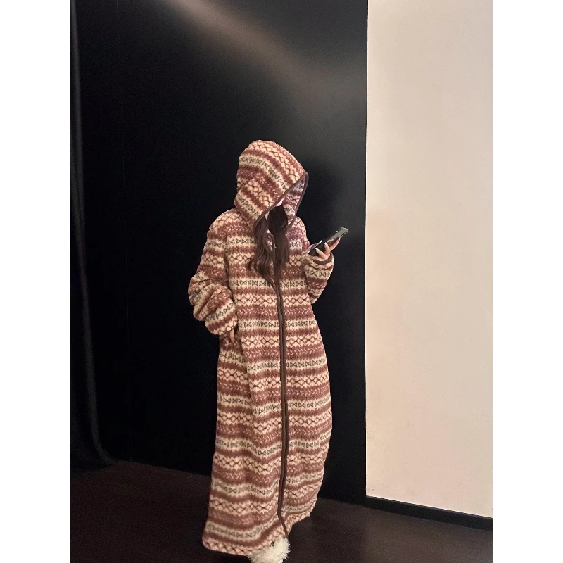 条纹韩版复古风珊瑚绒睡袍女可外穿冬新款加绒加厚保暖家居服