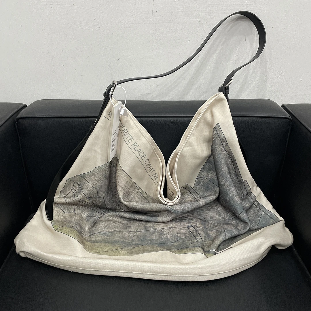 付新博女装帆布包女冷淡风印花托特包大容量单肩包手绘大包14821