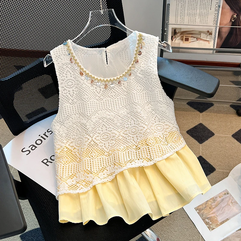 La Chapelle/拉夏贝尔波西米亚镂空假两件雪纺衫夏季别致无袖上衣