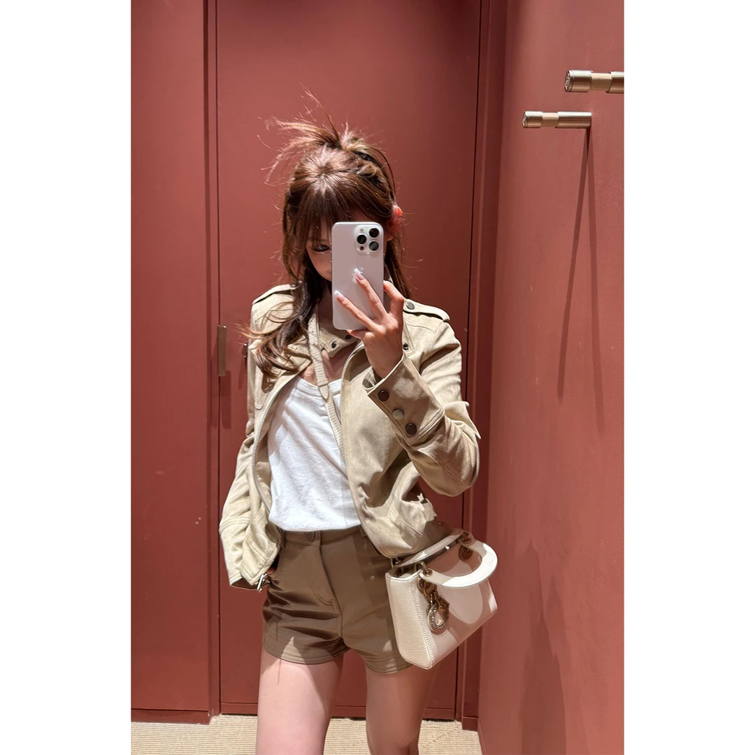 2025秋季新款ins美式复古短款夹克外套女+内搭T恤女+高腰显瘦短裤