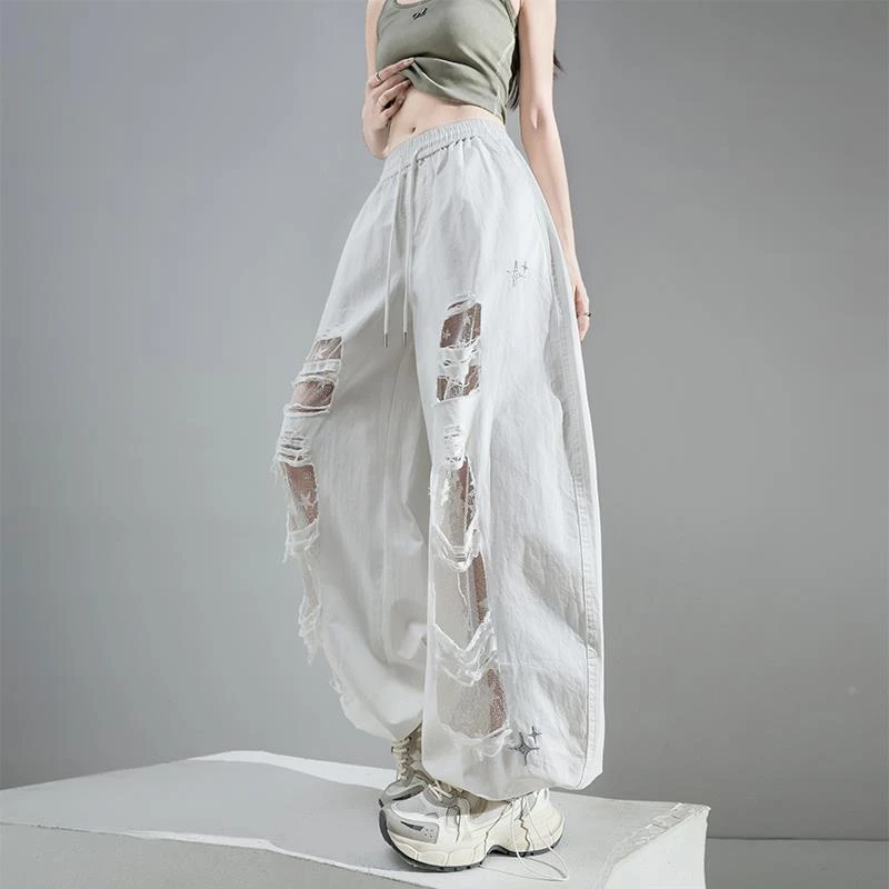 白色蕾丝拼接破洞弯刀裤女夏薄款美式两穿束脚阔腿工装运动防晒裤