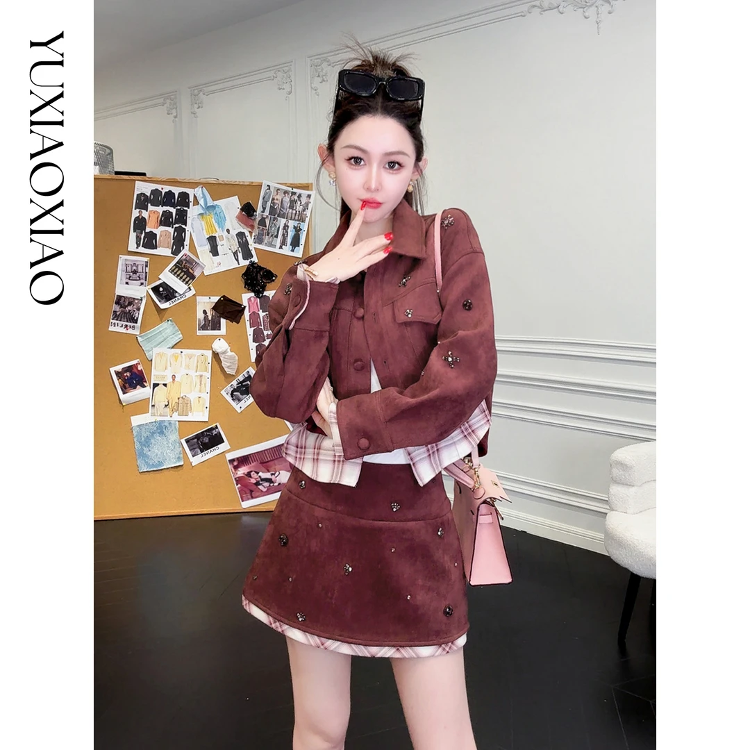 余潇潇【波尔多星光】复古拼精致亮钻可拆袖片翻领短款外套&A字半裙