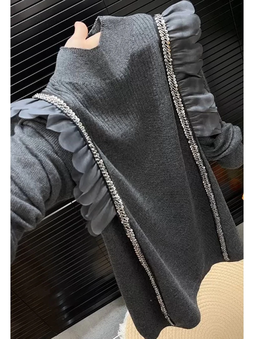 法式复古灰色针织衫女2025秋冬新款设计感小众拼接半高领毛衣打底