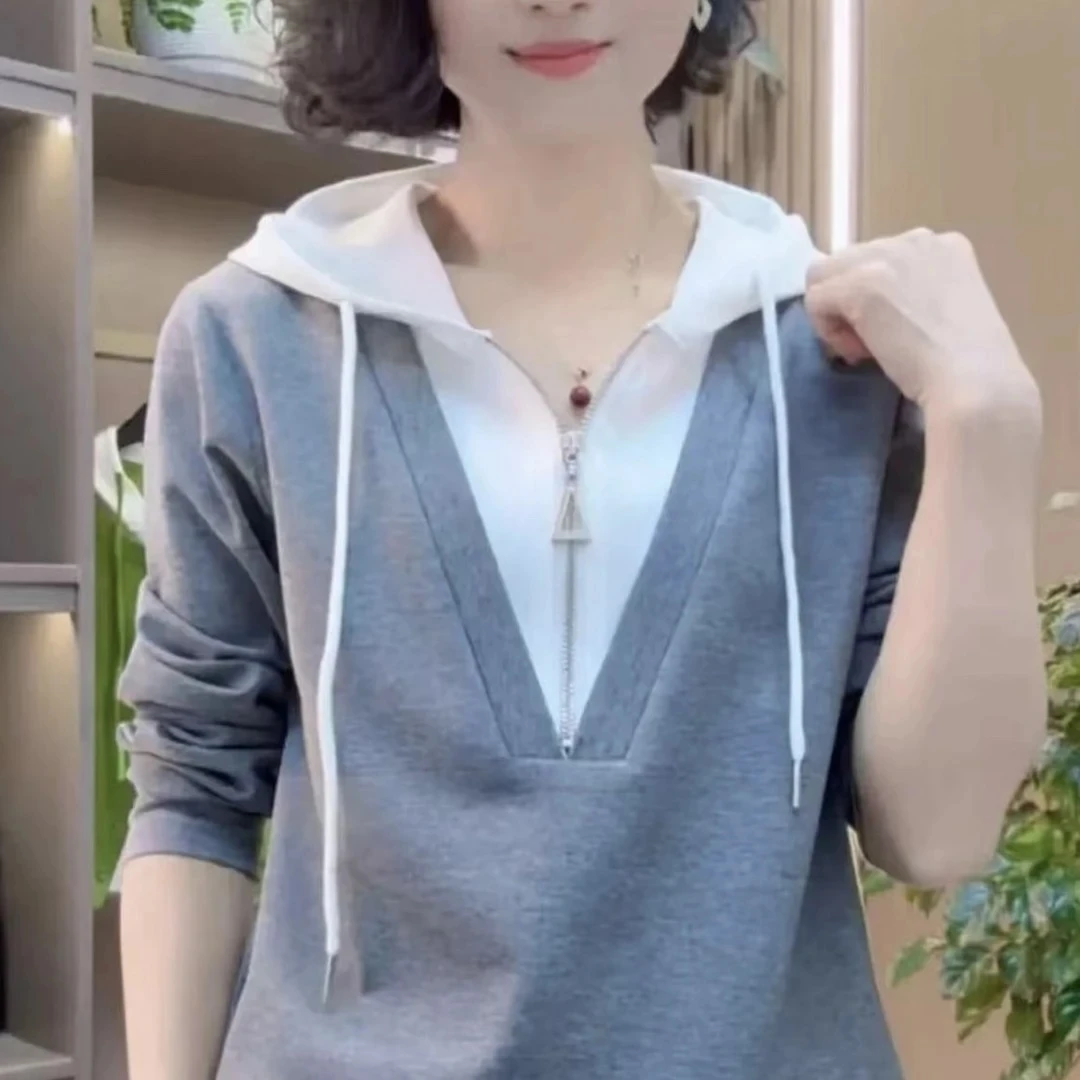 女装长袖连帽拉链打底衫假两件宽松春秋女卫衣休闲套头连帽上衣