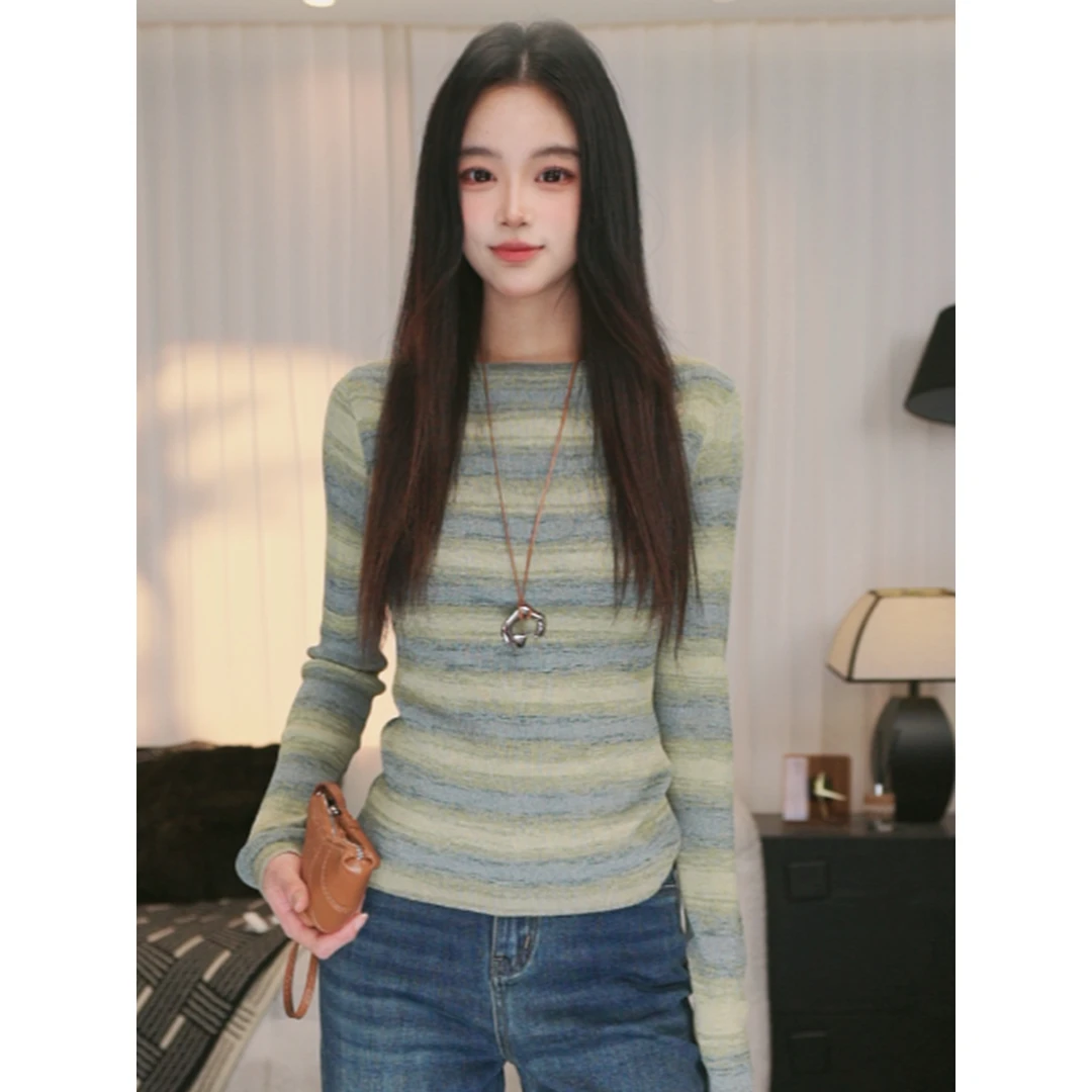 【青青糯山】早春长袖条纹打底衫女显瘦修身百搭时尚设计感内搭上衣