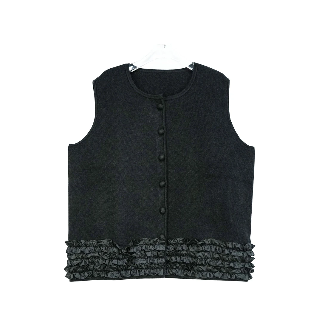 胖mm28支安迪绒时尚百搭设计感圆领木耳花边大码马甲开衫8935