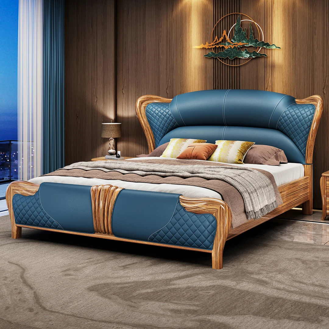 新中式乌金木真皮床现代简约主卧双人皮艺床2025新款头层牛皮婚床