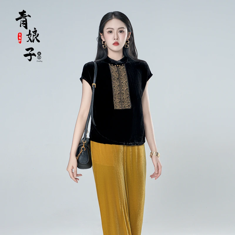 青娘子-(午日)丝绒拼接刺绣新中式复古中国风立领无袖上衣61244