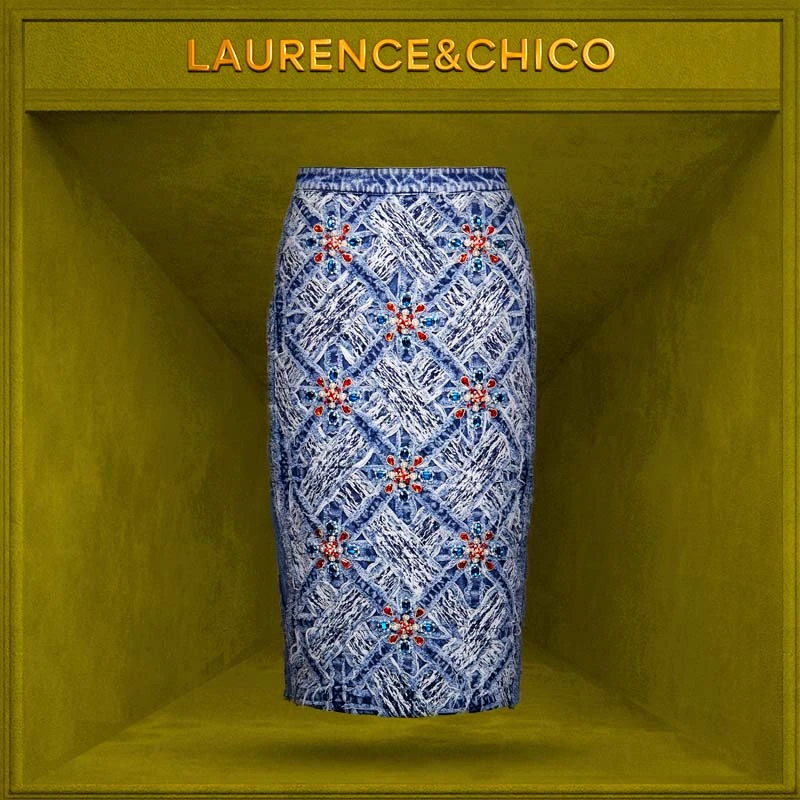 LC钻饰手编米字格牛仔长半裙，蓝色D4AD10114010