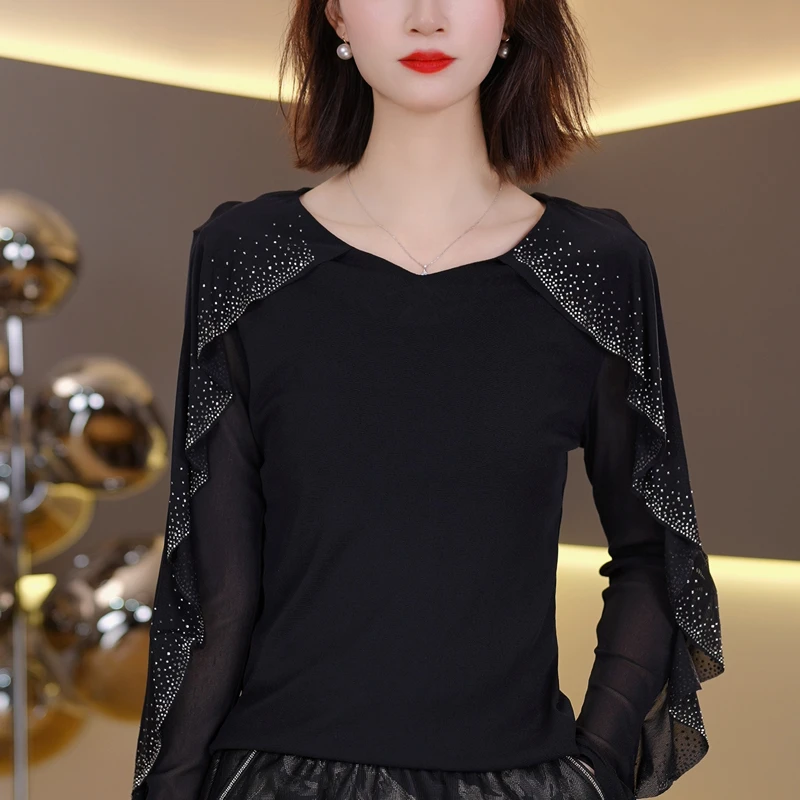 气质设计感长袖T恤女2025秋季新款洋气显瘦烫钻打底上衣 3015