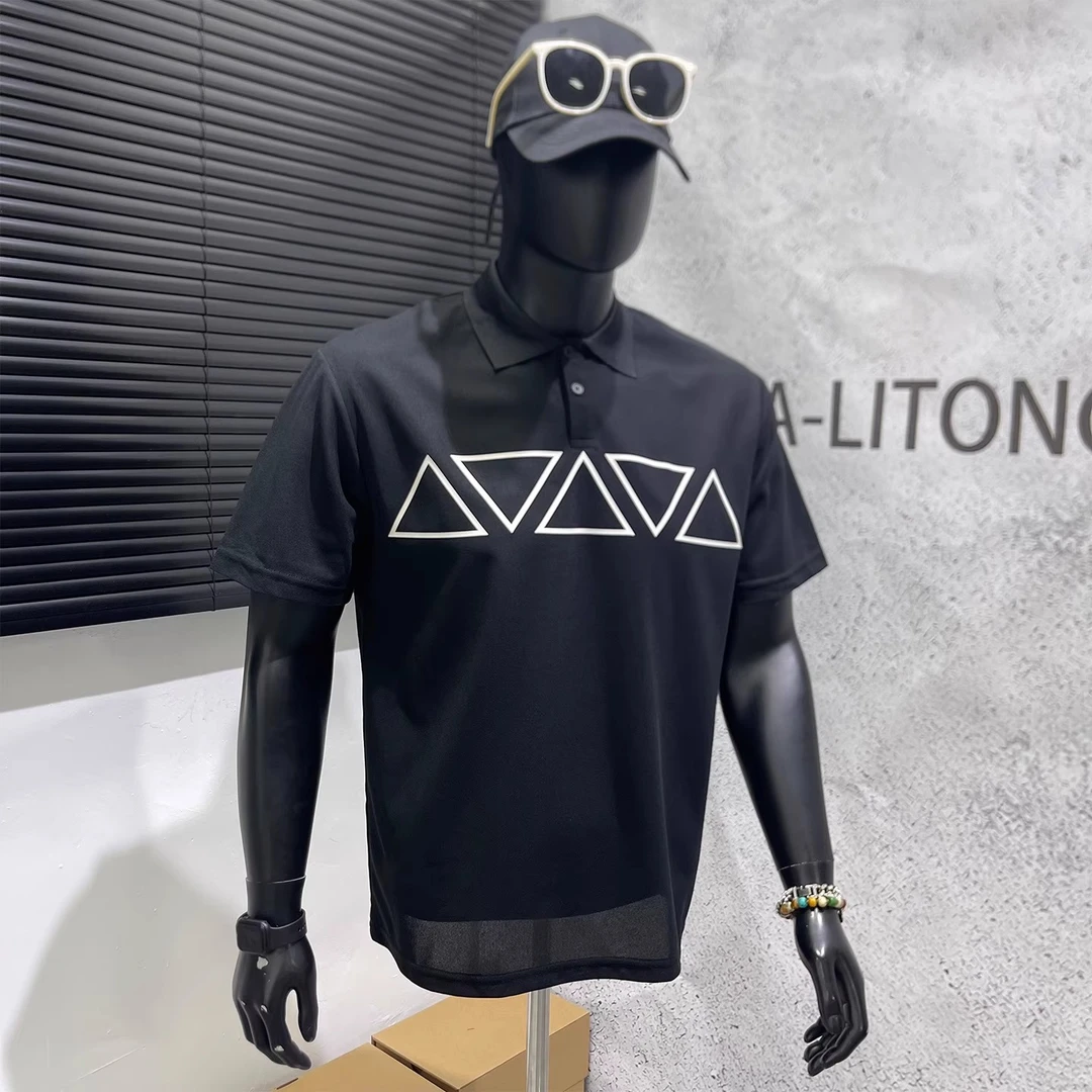 夏季新款几何小皮标短袖polo衫男士高级轻薄透气感翻领半袖体恤男