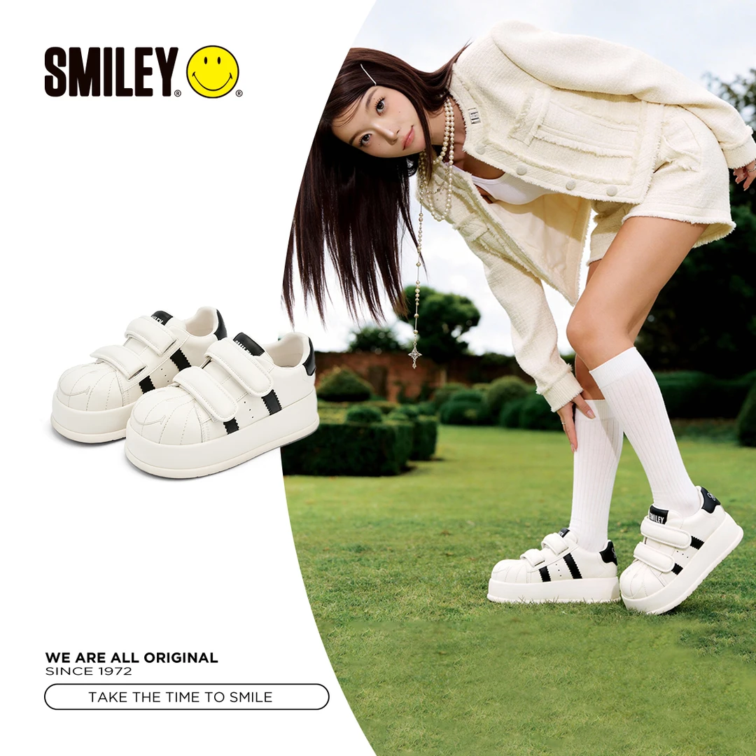 SMILEY笑脸夏季鞋黑白色卡通低帮鞋女生增高厚底面包鞋休闲板鞋