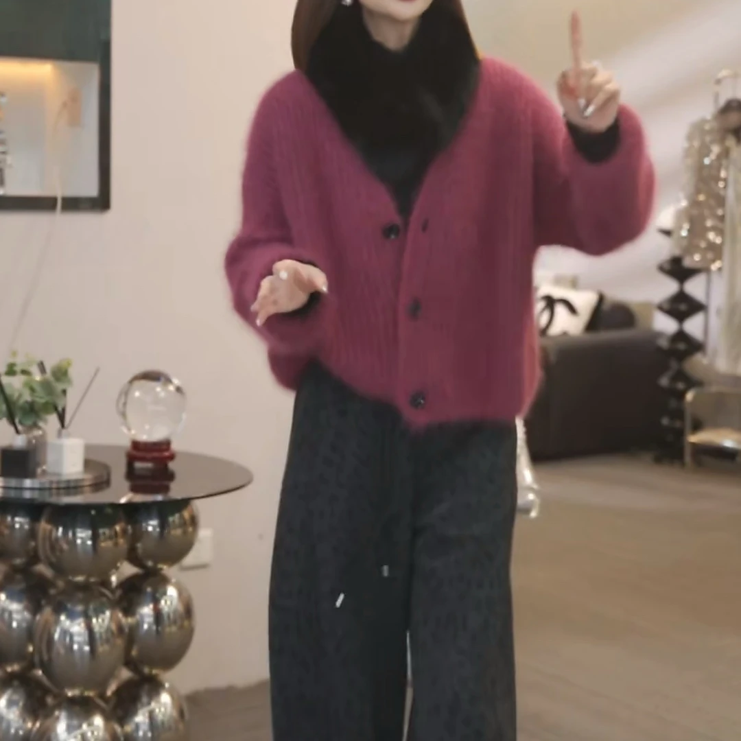 玫瑰粉色单排扣毛毛长袖针织开衫女2025秋冬新款休闲百搭毛衣外套