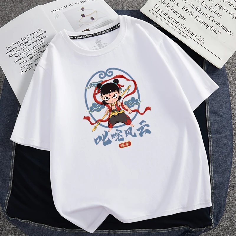 爆款卡通哪吒印花短袖男女圆领休闲宽松上衣儿童夏季国潮半袖新款