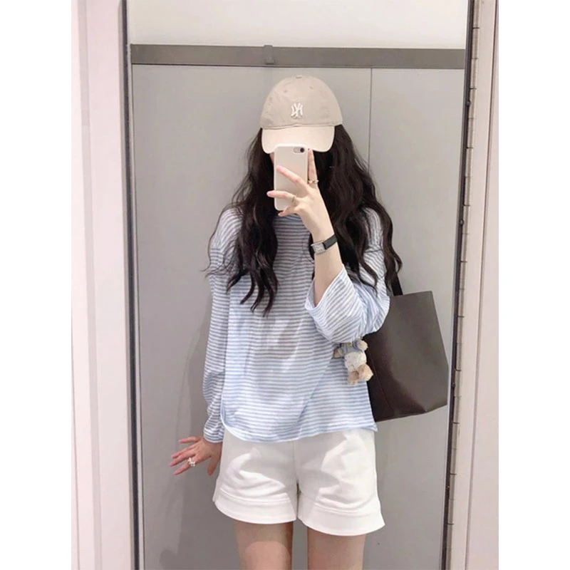 美式慵懒风蓝白条纹长袖t恤女春秋季小个子薄款宽松防晒罩衫上衣