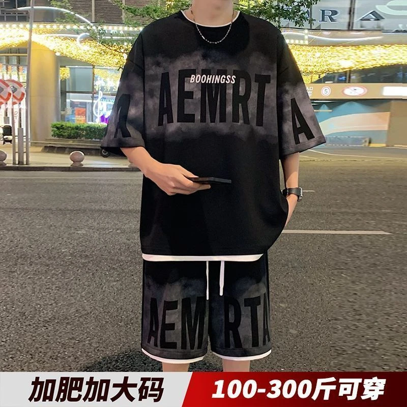 运动服男套装夏季大码宽松男士上衣加肥加大胖子男装短袖T恤短裤