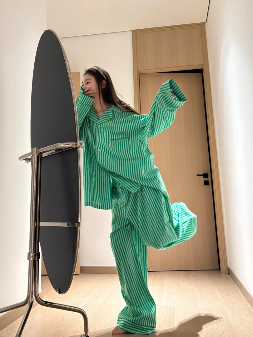 韩系慵懒风清新条纹睡衣女款秋季2025新款长袖长裤家居服套装外穿
