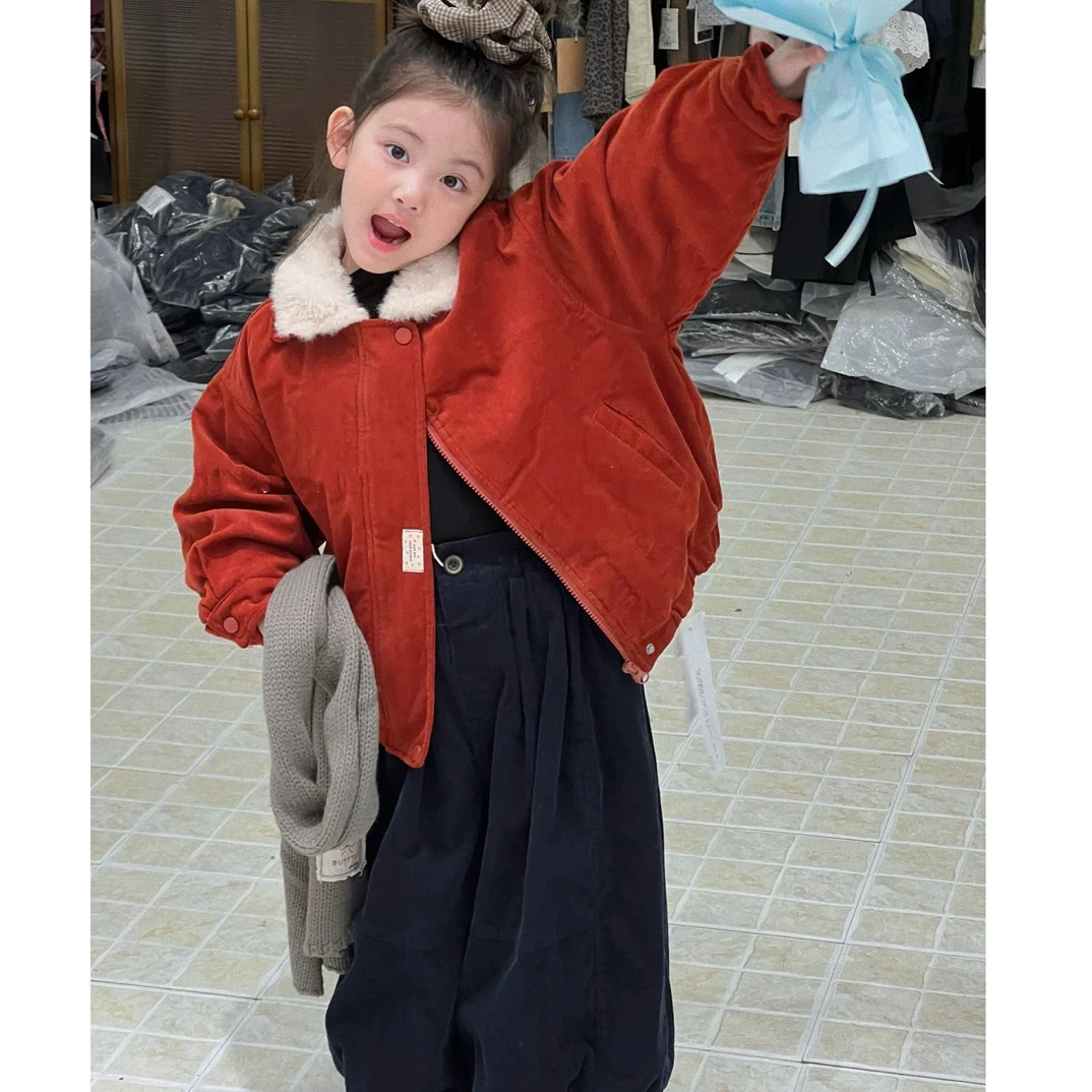 韩版冬季新款加厚毛绒翻领红色棉服男女童百搭保暖棉袄外套