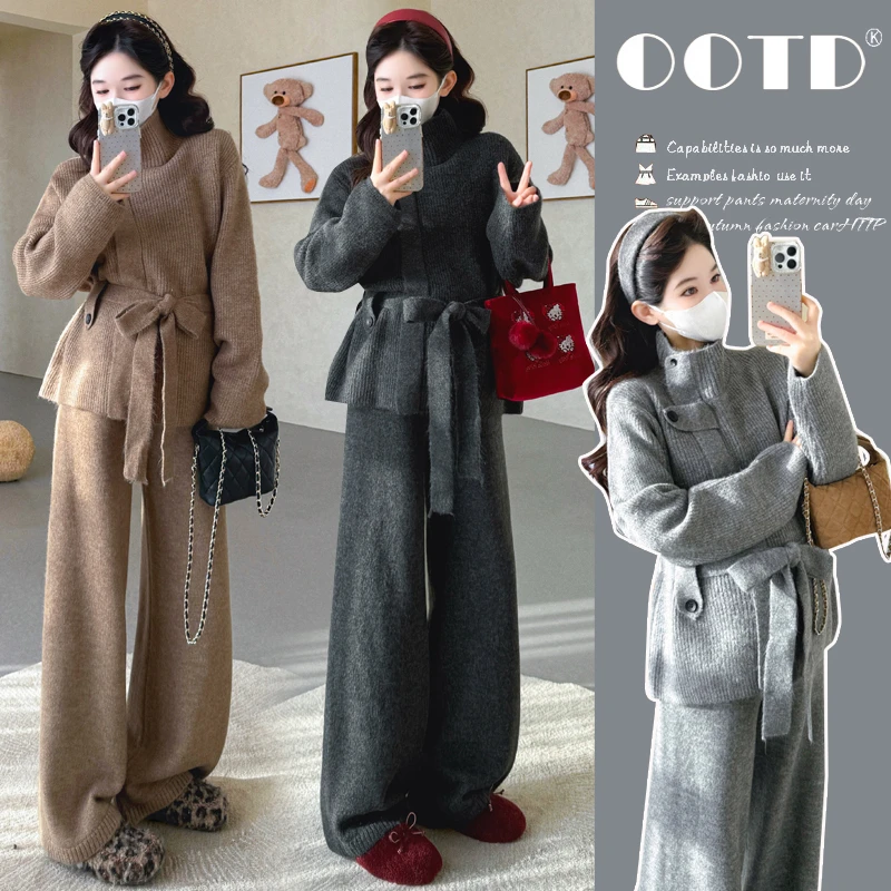 孕妇套装秋冬新品孕妇立领腰带款设计感阔腿裤针织毛衣宽松套装