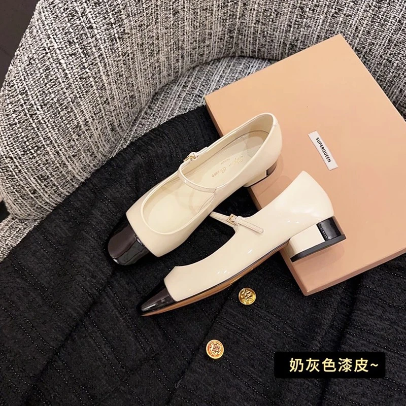 3春季新品 圆头牛漆皮拼色一字带玛丽珍 低跟单鞋女