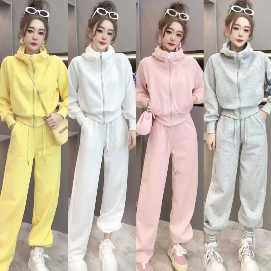 韩系气质连帽上衣阔腿裤显瘦休闲两件套装