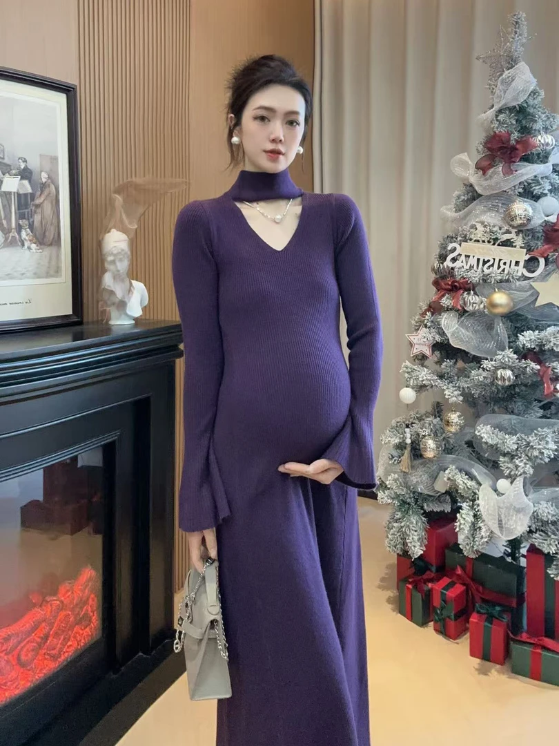 Zoey孕妇装［美神降临］冬季新款气质加厚针织显瘦长款打底连衣裙