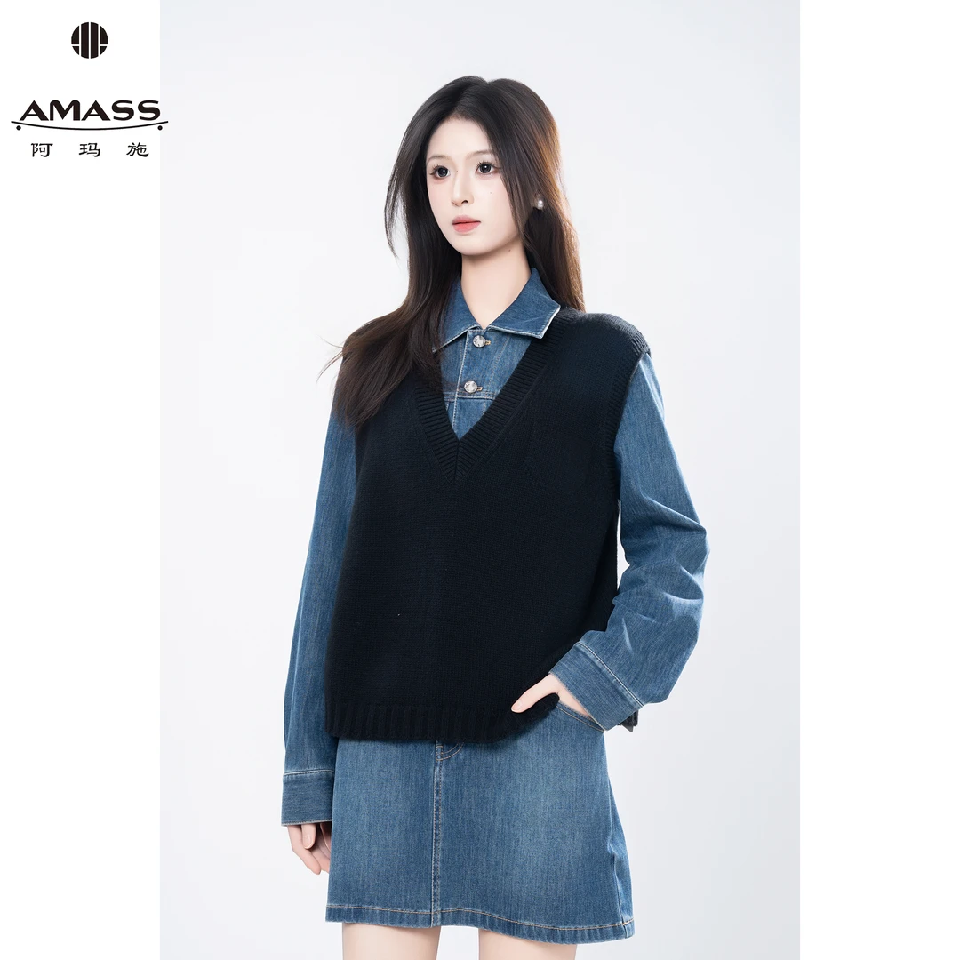 AMASS/阿玛施秋季新款百搭学院风休闲针织V领无袖背心女  5399256