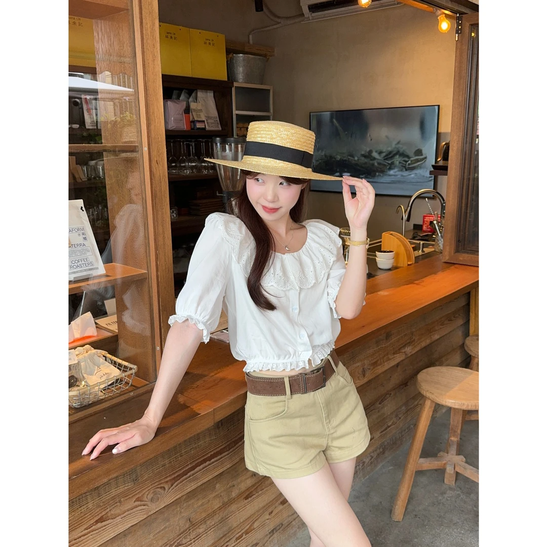 韩系白色荷叶领短袖衬衫女夏季2025新款甜美宽松衬衣小众短款上衣