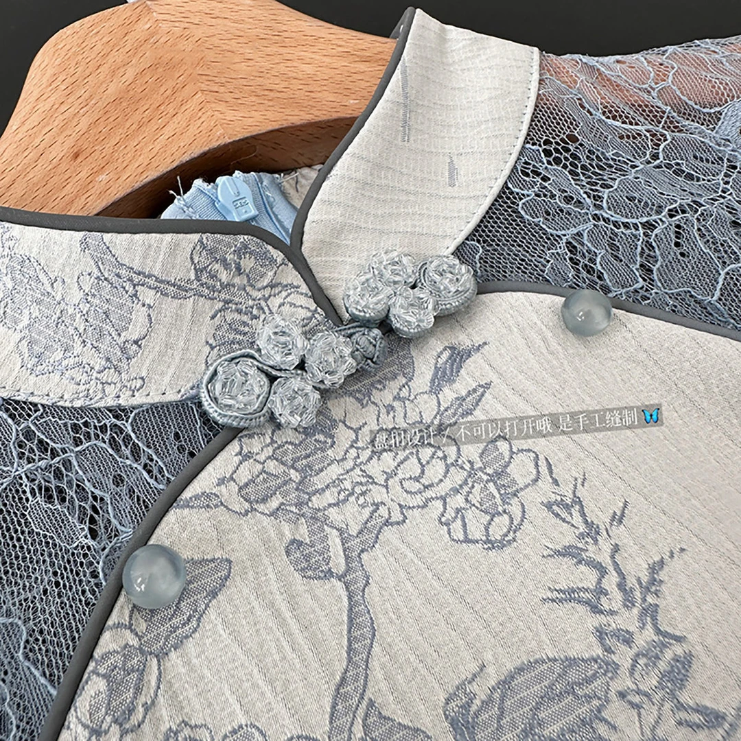 立领2024连衣裙蕾丝拼接女装收腰新中式显瘦中国风旗袍立领短裙