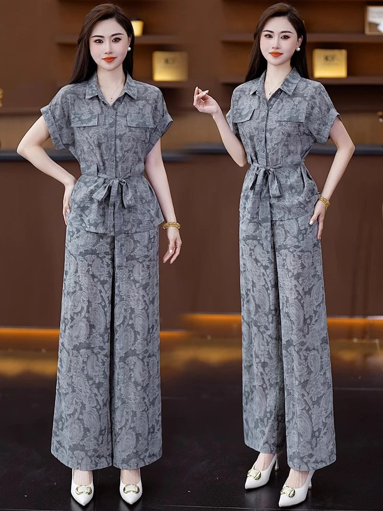 时尚套装女夏季新款洋气质显瘦印花系带短袖衬衫垂感阔腿裤两件套
