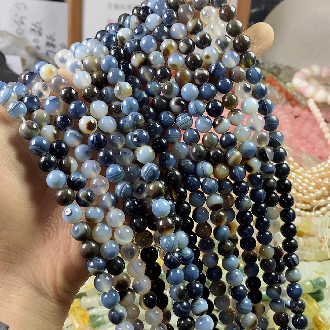 玛瑙/玉髓珠宝半成品合金一条天然8mm蓝白体玛瑙