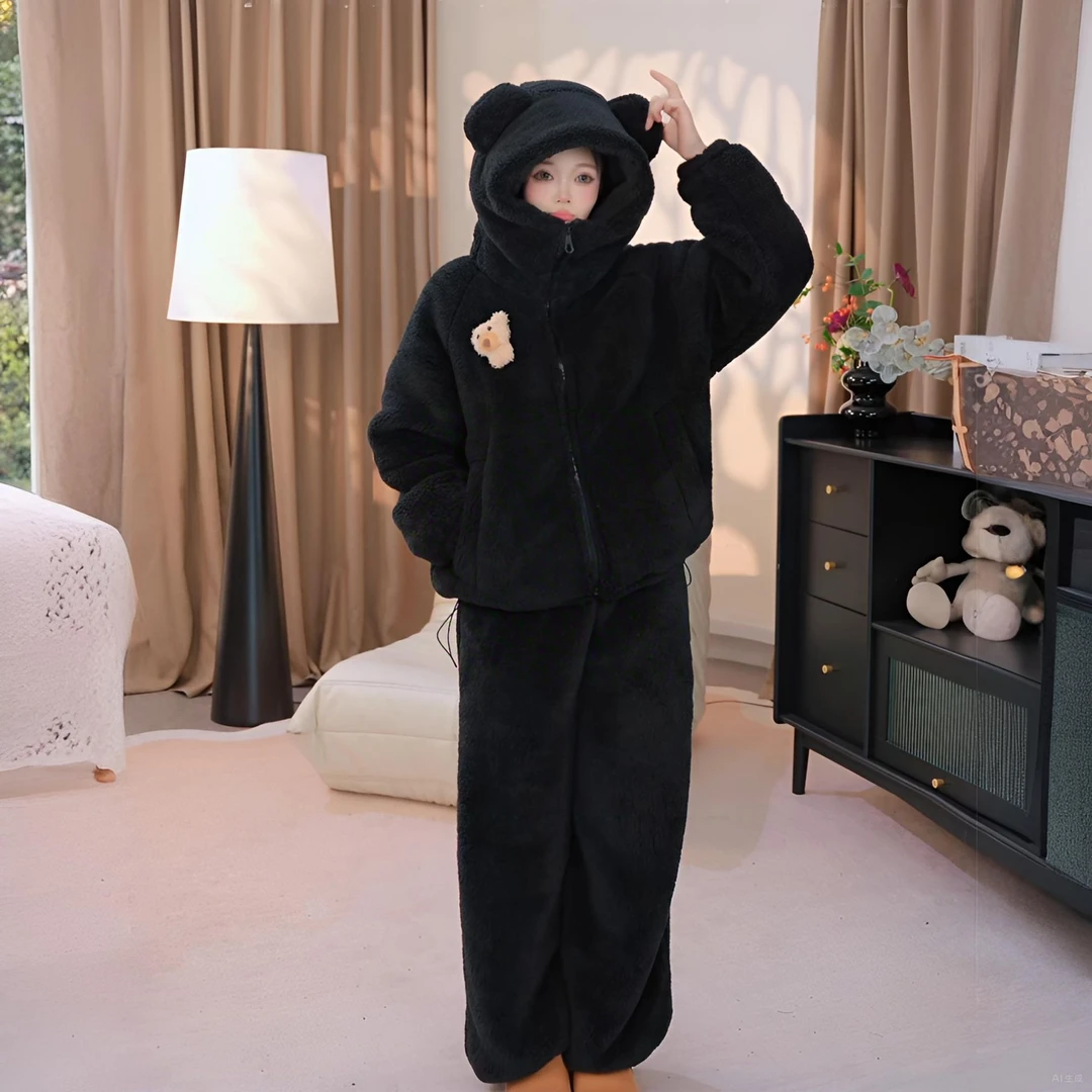 d加绒加厚暖感泡泡绒可爱小熊连帽三层复合可外穿家居服