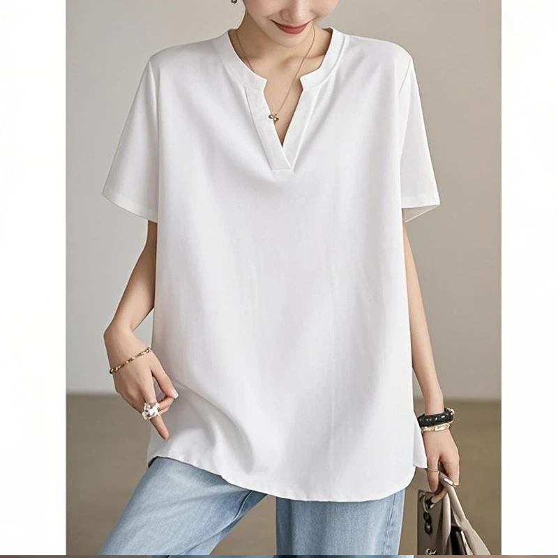 欧洲站休闲V领短袖T恤女夏季2025年新款正肩小衫大码宽松遮臀上衣