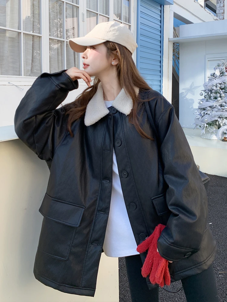 蛋白皮拼接毛绒内胆外套女冬季2025新款设计感90绒皮衣外套